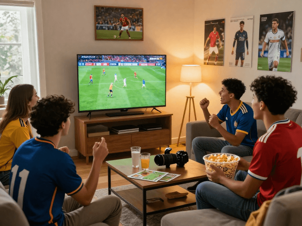 Group of friends enjoying a live match on http://rakhoitv.network/ in a cozy living room, surrounded by snacks and lively atmosphere.